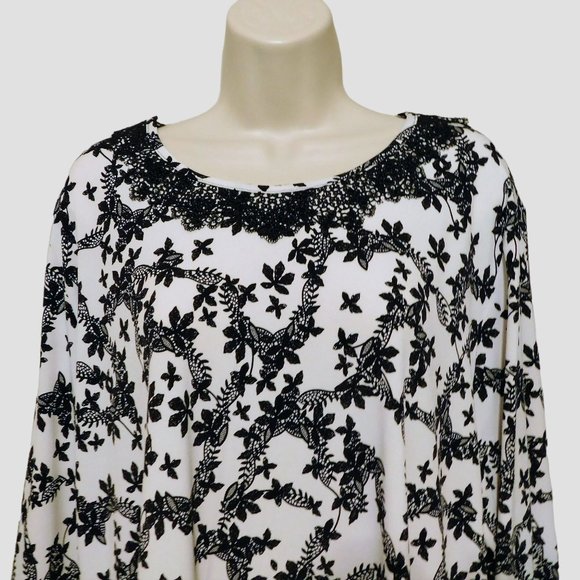 Karl Lagerfeld Shirt XL Black White Floral 3/4 Sleeves Lace Trim Polyester Blend - Picture 2 of 8
